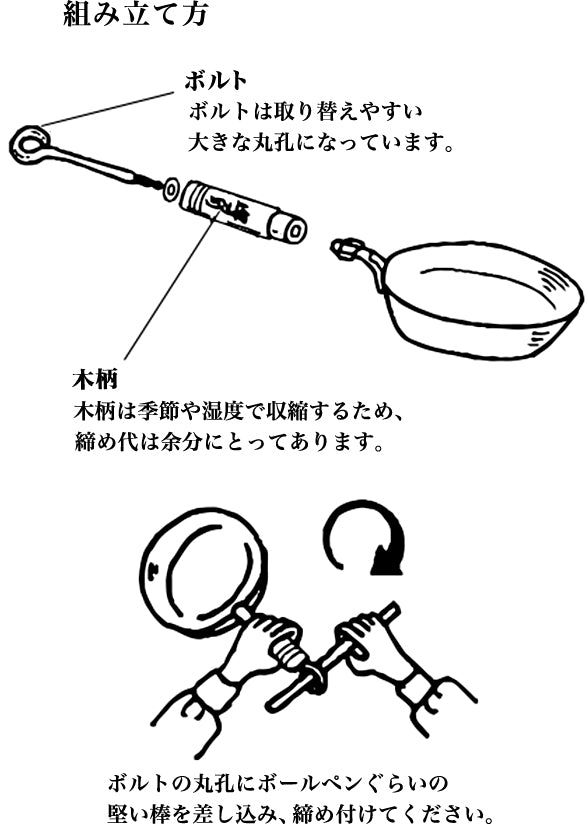 組み立て方 ボルトの丸孔にボールペンぐらいの堅い棒を差し込み、締め付けてください。 ボルトは取り替えやすい大きな丸孔になっています。 木柄は季節や湿度で収縮するため、締め代は余分にとってあります。